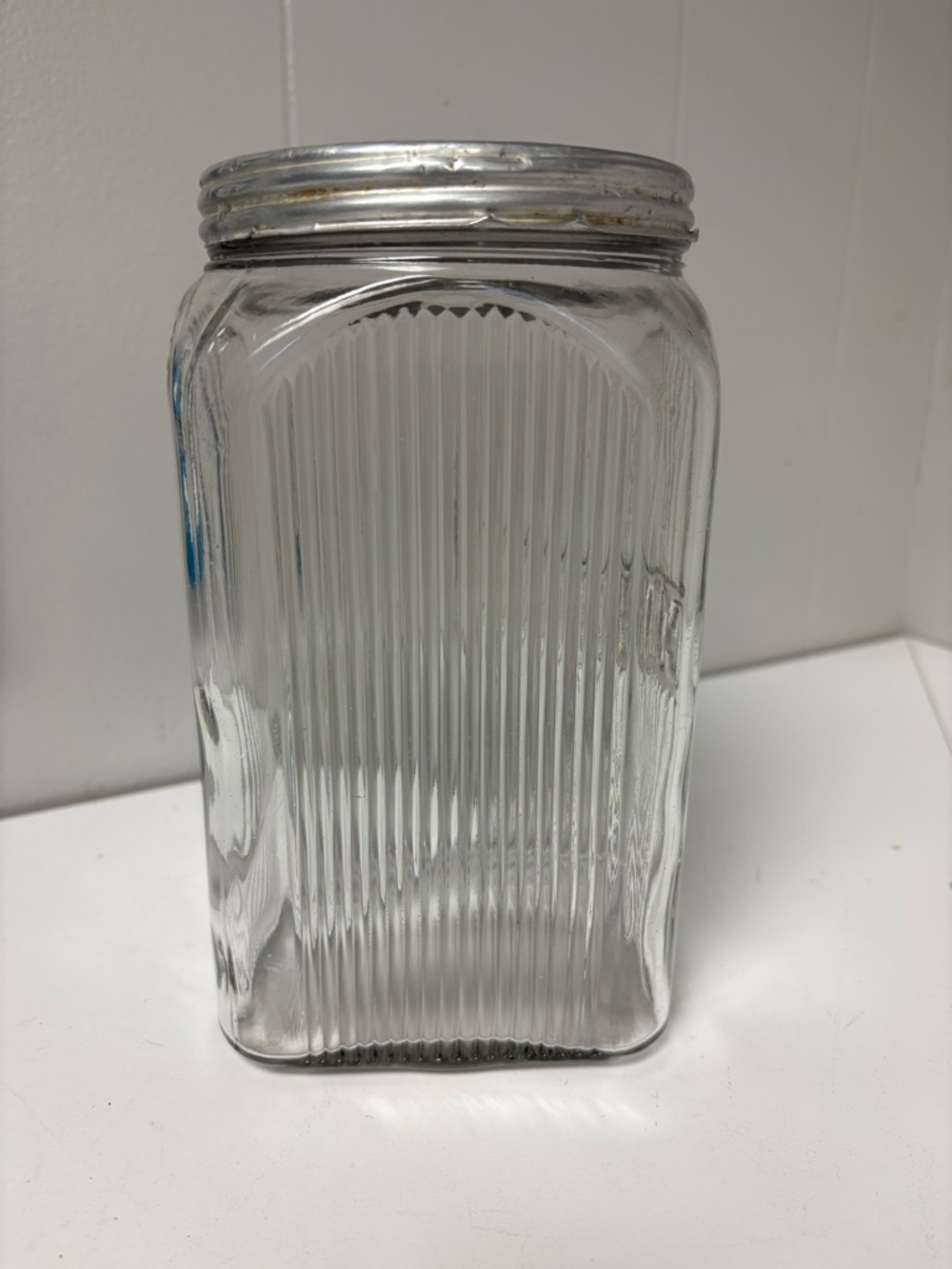 Antique Square Glass Ribbed Hoosier COFFEE Jar with Metal lid - Picture 2 of 7